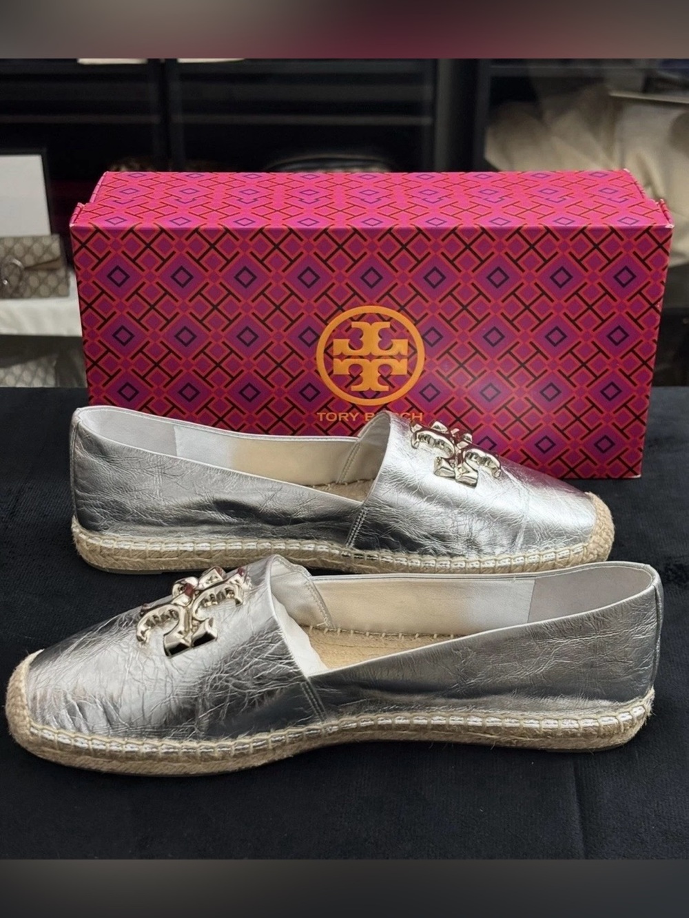 Tory Burch Eleanor Logo Espadrille Leather Flat Metallic Silver US 11. - Picture 6 of 9
